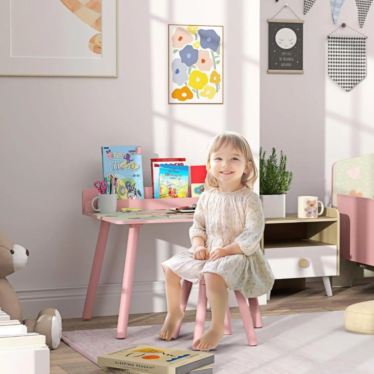 Conjunto de mesa y silla con estante integrado Rosa*AIYAPLAY Outlet