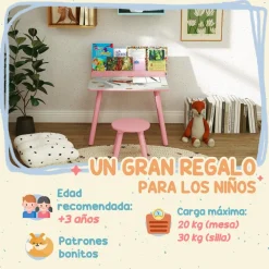 Conjunto de mesa y silla con estante integrado Rosa*AIYAPLAY Outlet