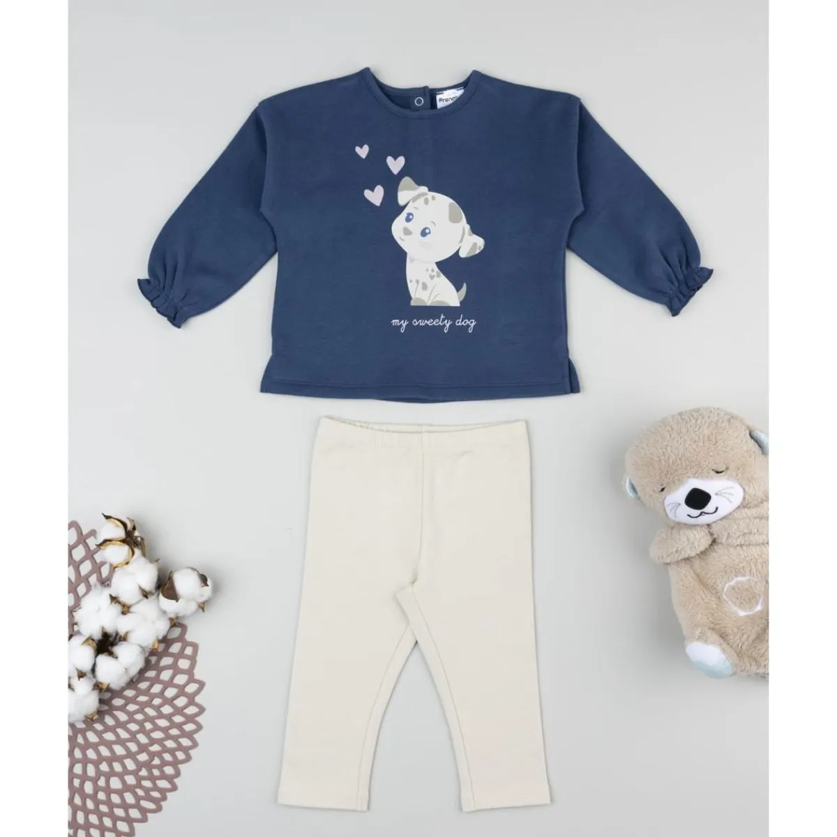 Conjunto jogging azul y beige para niña con perrito*Prenatal Sale