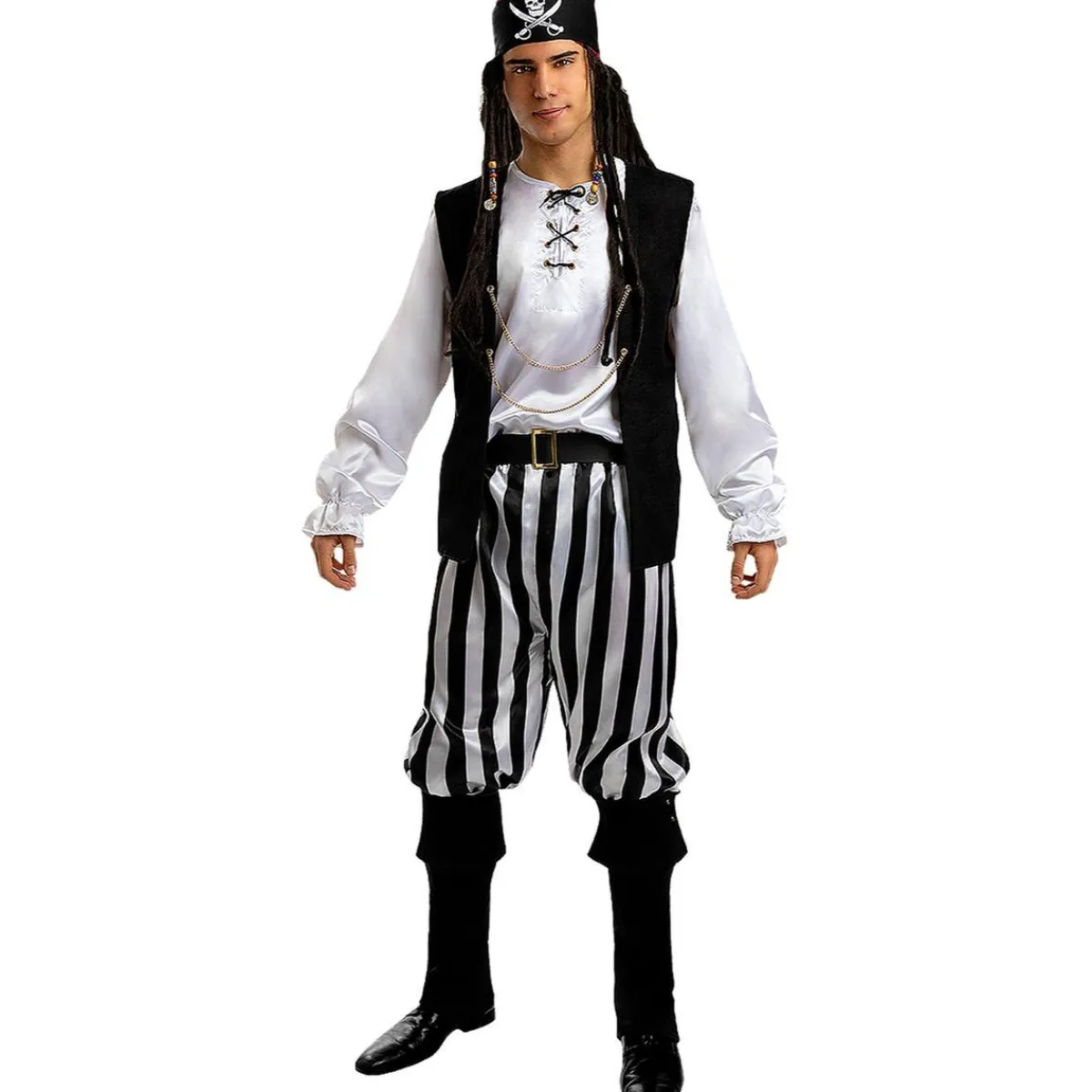 Online Disfraz de pirata a rayas para hombre - Colección blanca y negra L Disfraces|Halloween