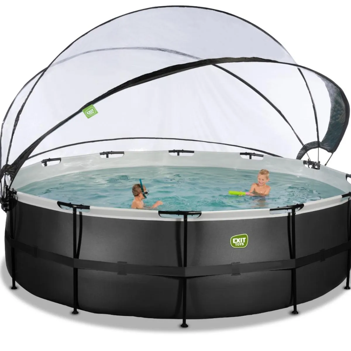 Exit - Piscina Black Leather diámetro 488 x 122 cm con filtro de arena, cúpula y bomba de calor*Exit Toys Hot
