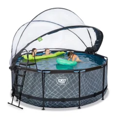 Exit - Piscina Stone efecto piedra gris diámetro 360 x 122 cm con filtro de arena, cúpula transparente y bomba de calor*Exit Toys Online