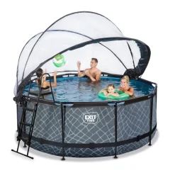 Exit - Piscina Stone efecto piedra gris diámetro 360 x 122 cm con filtro de arena y cúpula transparente*Exit Toys New