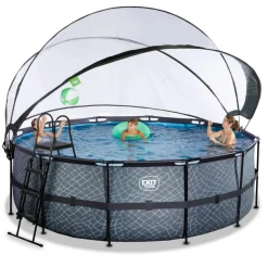 Exit - Piscina Stone gris diámetro 427 x 122 cm con filtro de arena, cúpula y bomba de calor*Exit Toys Clearance
