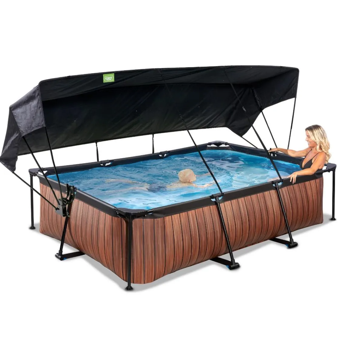 Exit - Piscina Wood efecto madera 300 x 200 x 65 cm con filtro y toldo negro*Exit Toys