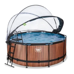 Exit - Piscina Wood efecto madera marrón diámetro 360 x 122 cm con filtro de arena y cúpula transparente*Exit Toys Discount