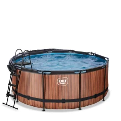 Exit - Piscina Wood efecto madera marrón diámetro 360 x 122 cm con filtro de arena y cúpula transparente*Exit Toys Discount