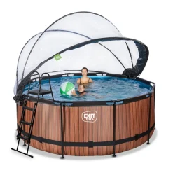Exit - Piscina Wood efecto madera marrón diámetro 360 x 122 cm con filtro de arena y cúpula transparente*Exit Toys Discount
