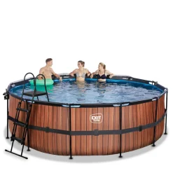 Best Exit - Piscina Wood efecto madera diámetro 427 x 122 cm con filtro de arena y cúpula Piscinas|Juguetes De Verano