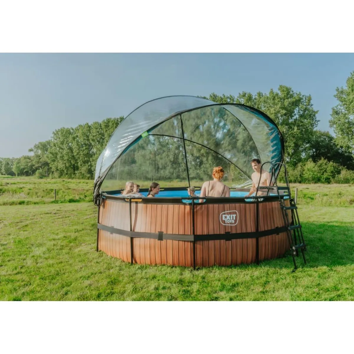 Best Exit - Piscina Wood efecto madera diámetro 427 x 122 cm con filtro de arena y cúpula Piscinas|Juguetes De Verano
