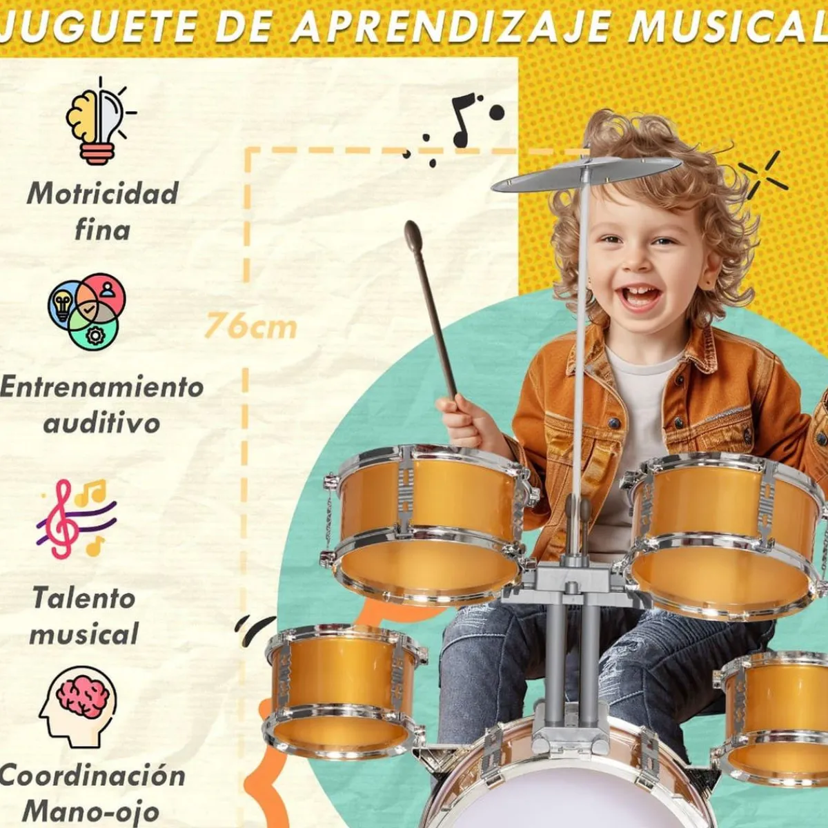 Homcom - Batería infantil 6 piezas con taburete Dorado*AIYAPLAY Outlet
