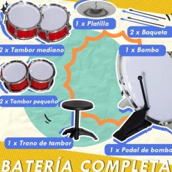 Outlet Homcom - Batería infantil 6 piezas con taburete Rojo Música|Electrónicos