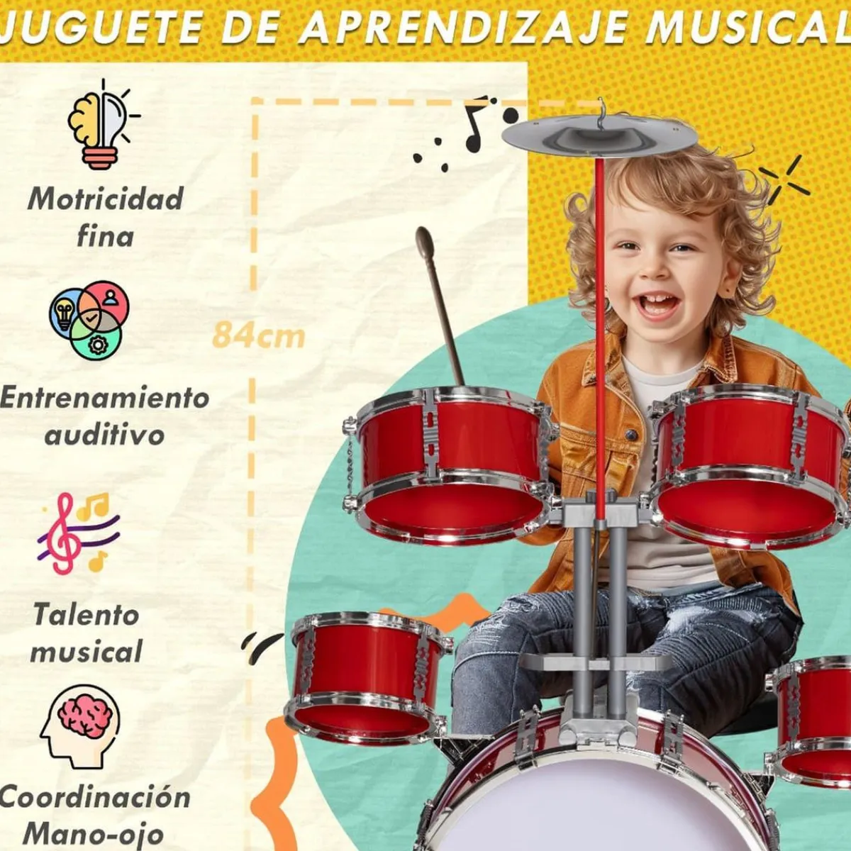 Outlet Homcom - Batería infantil 6 piezas con taburete Rojo Música|Electrónicos
