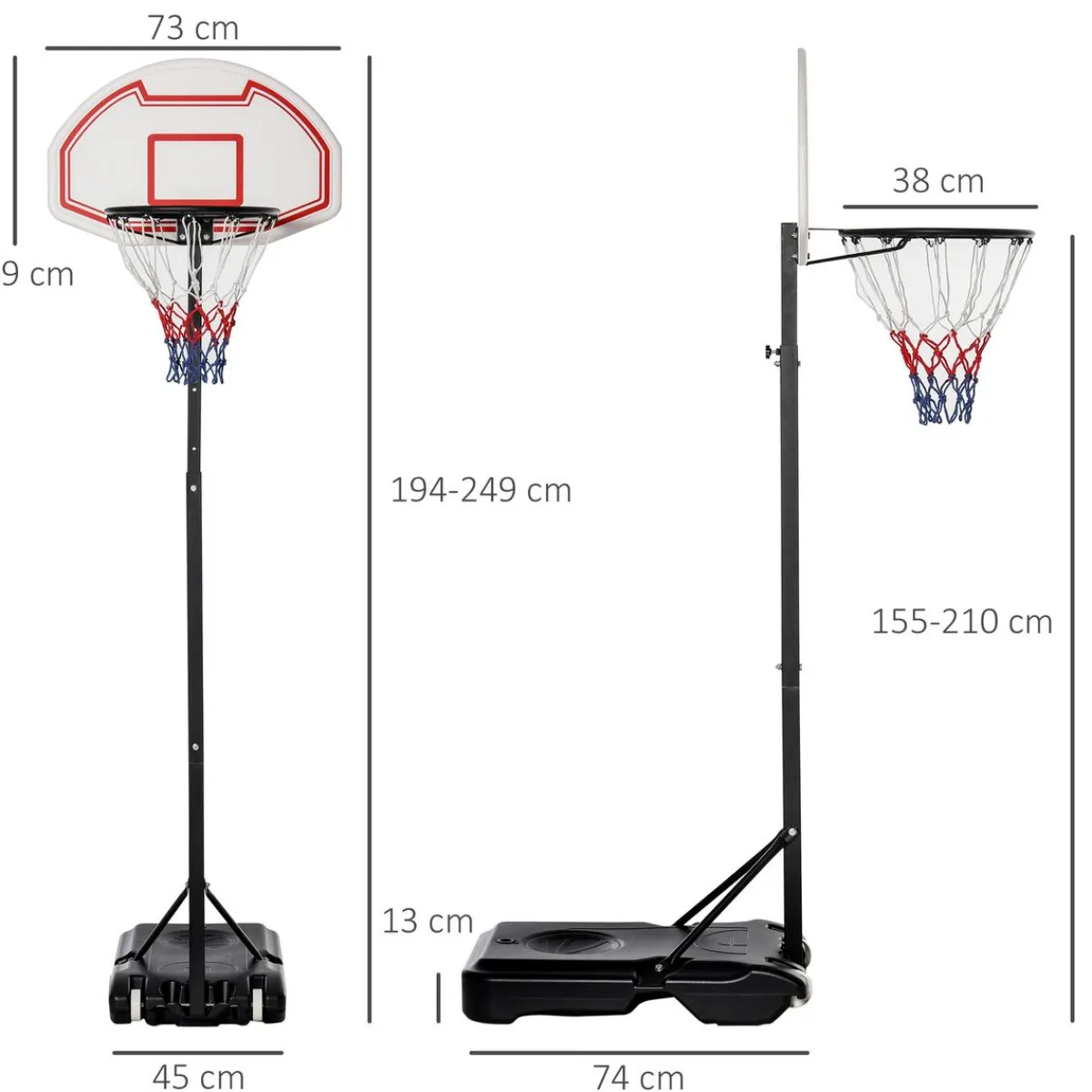 New - Canasta de baloncesto de pie ajustable de 194-249 cm Deportes