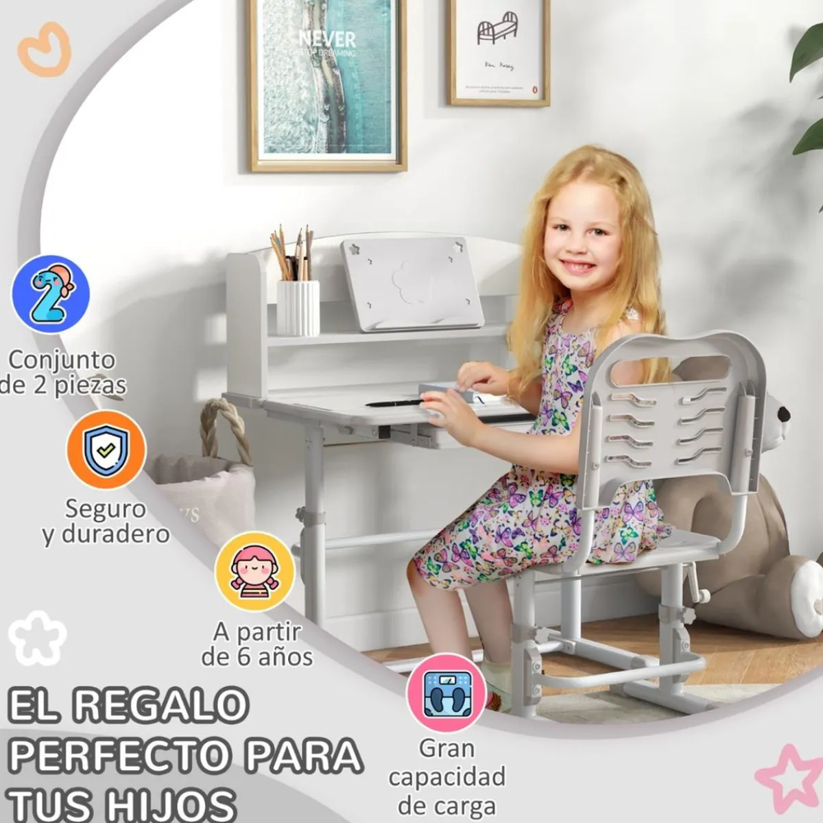 Online - Escritorio y silla ajustable Gris y Blanco Estilo De Vida