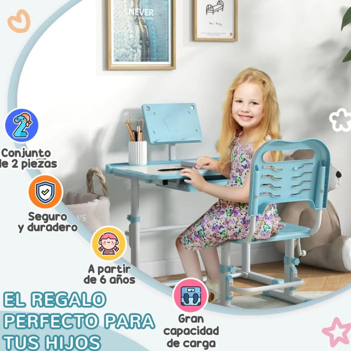 - Escritorio y silla ajustable Azul y Blanco Estilo De Vida