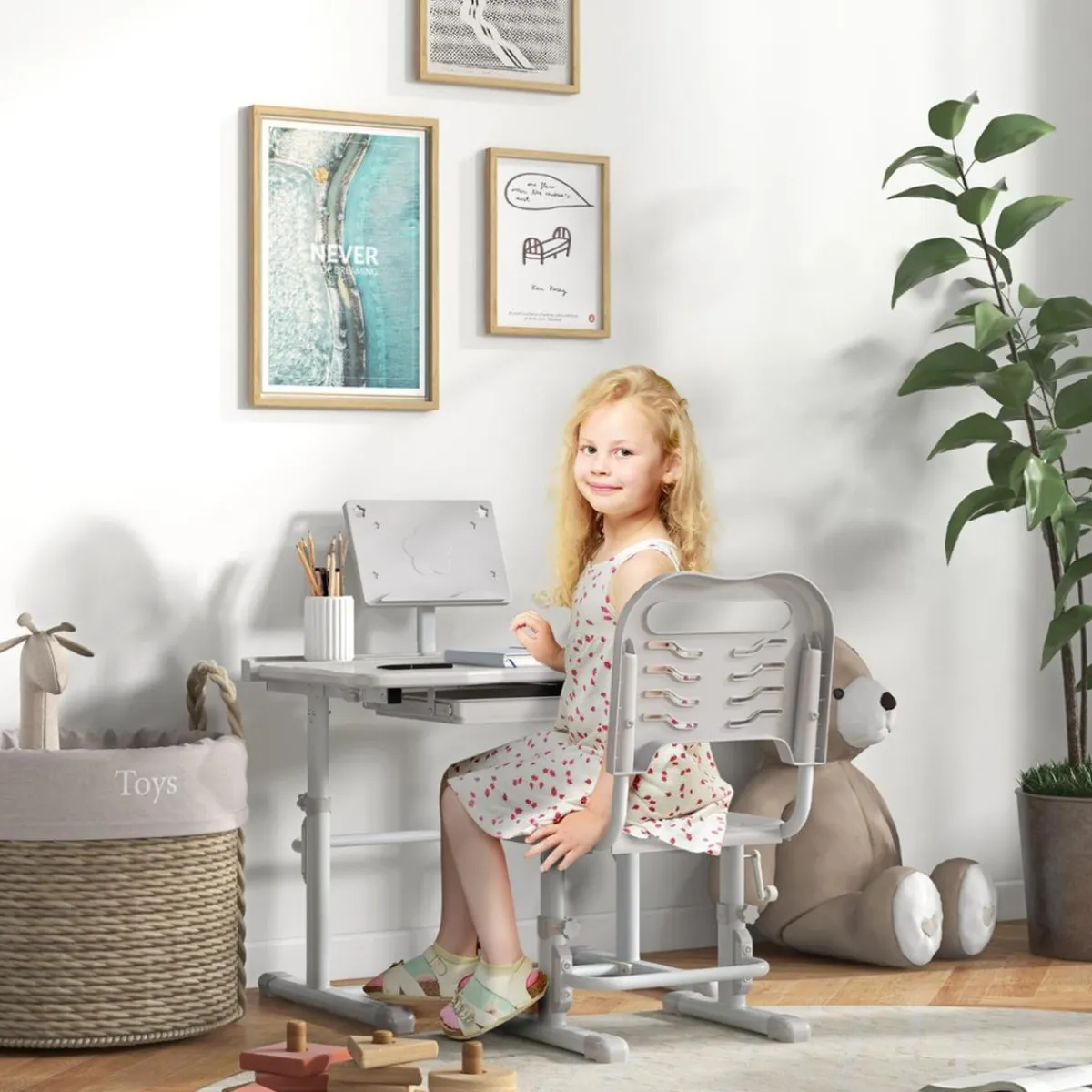 New - Escritorio y silla ajustable Gris y Blanco Estilo De Vida