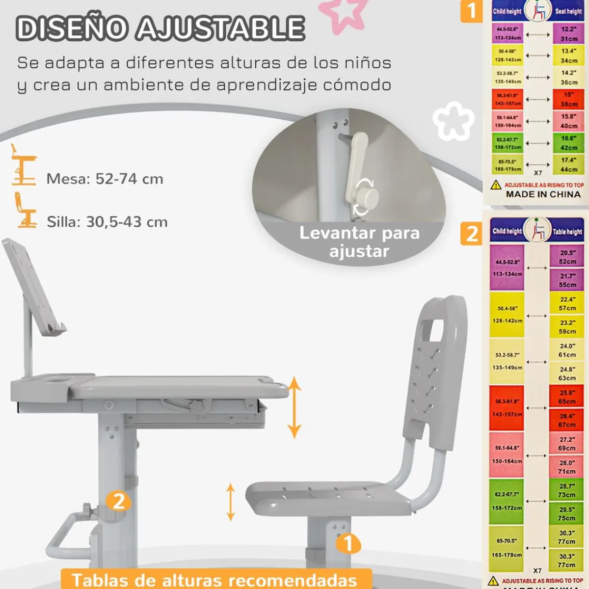 New - Escritorio y silla ajustable Gris y Blanco Estilo De Vida