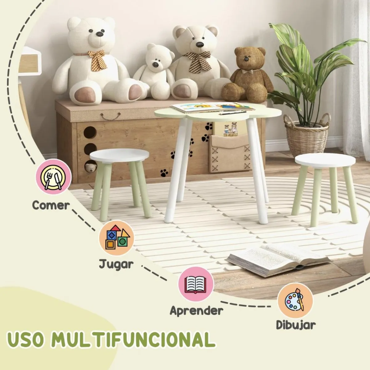 - Mesa Flor y bancos Verde y Blanco*Homcom Online