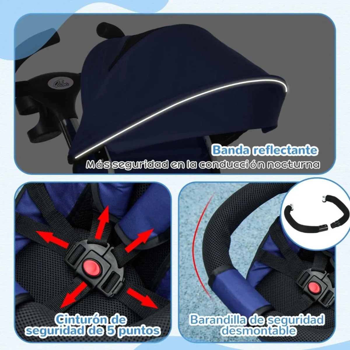 - Triciclo Evolutivo con Capota Reflectante - Azul*Homcom Online