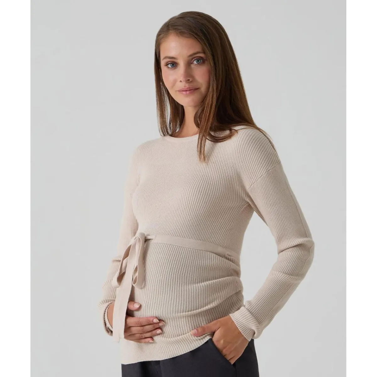 Outlet Jersey premamá beige de punto canalé con cordón ajustable Premamá·Moda|Moda·Prendas De Punto
