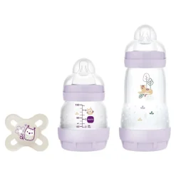 - Kit de inicio biberón + chupete Welcome to the World morado*MAM Best