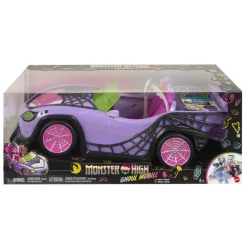 Outlet - Monster High - Coche convertible morado con accesorios para mascotas y detalles de telaraña ㅤ Muñecas