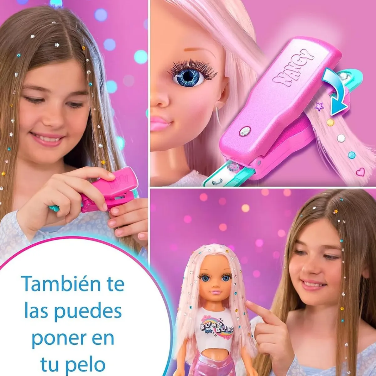 Discount - Muñeca con pelo rosa, juego para peinar y decorar, máquina de gemas y accesorios ㅤ Muñecas