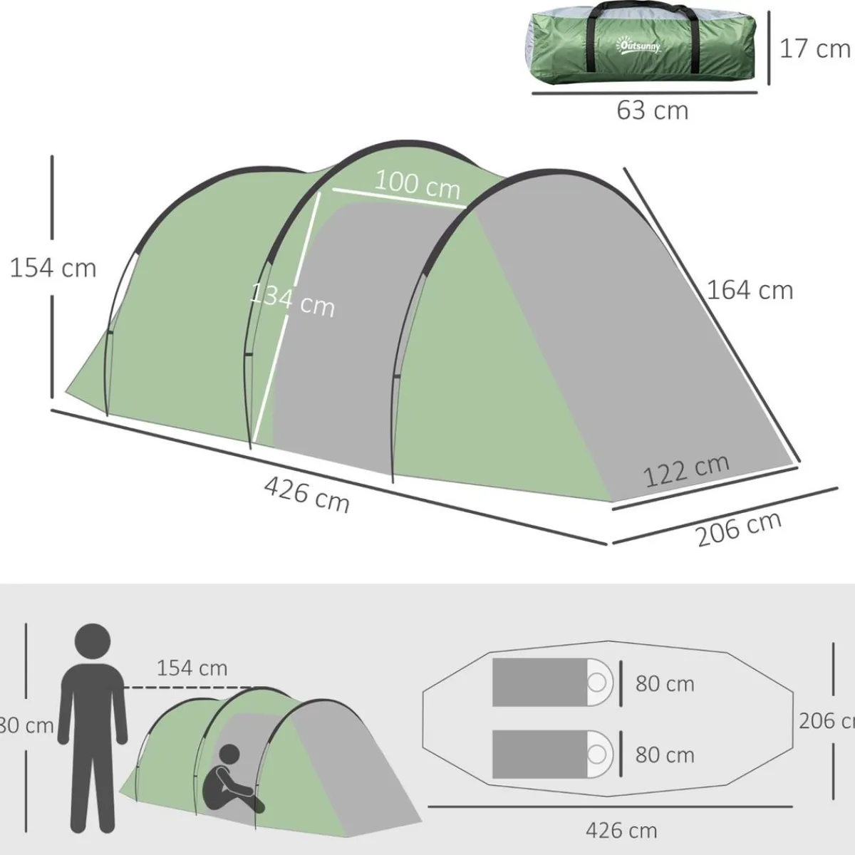 - Tienda de campaña familiar 426x206x154 cm Verde*Outsunny Hot