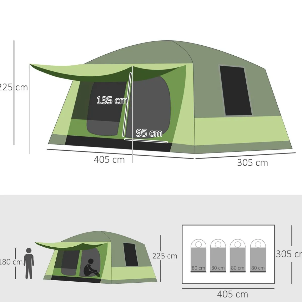- Tienda de campaña familiar 405x305x225 cm Verde*Outsunny Outlet