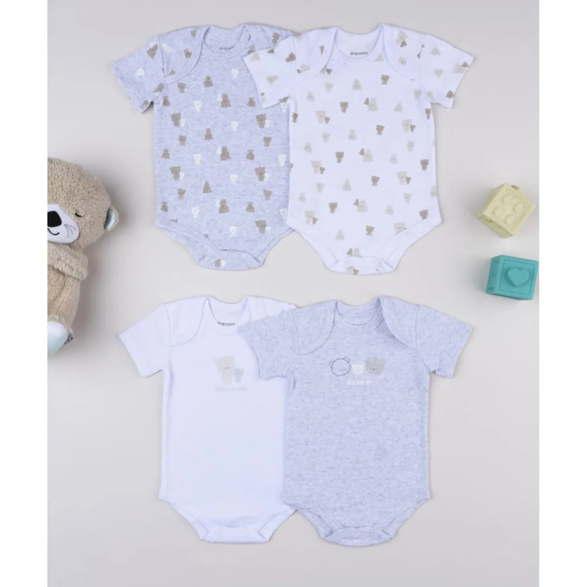 Pack 5 bodies de manga corta en gris y blanco para bebé*Prenatal Outlet