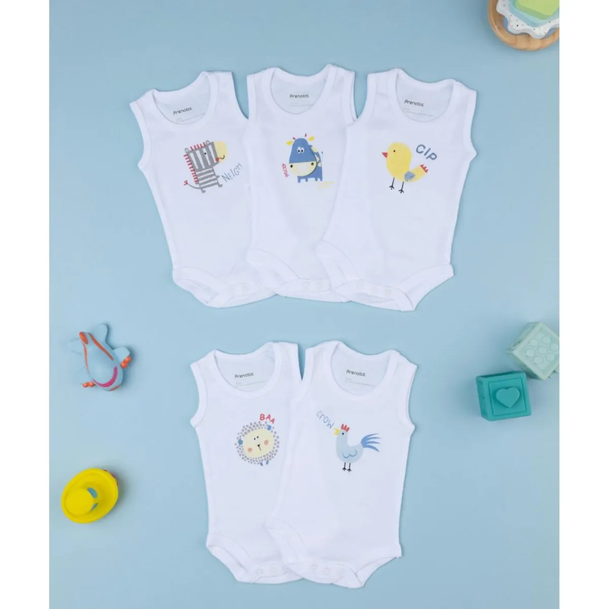 Pack 5 bodys blancos con estampado de animalitos*Prenatal Best