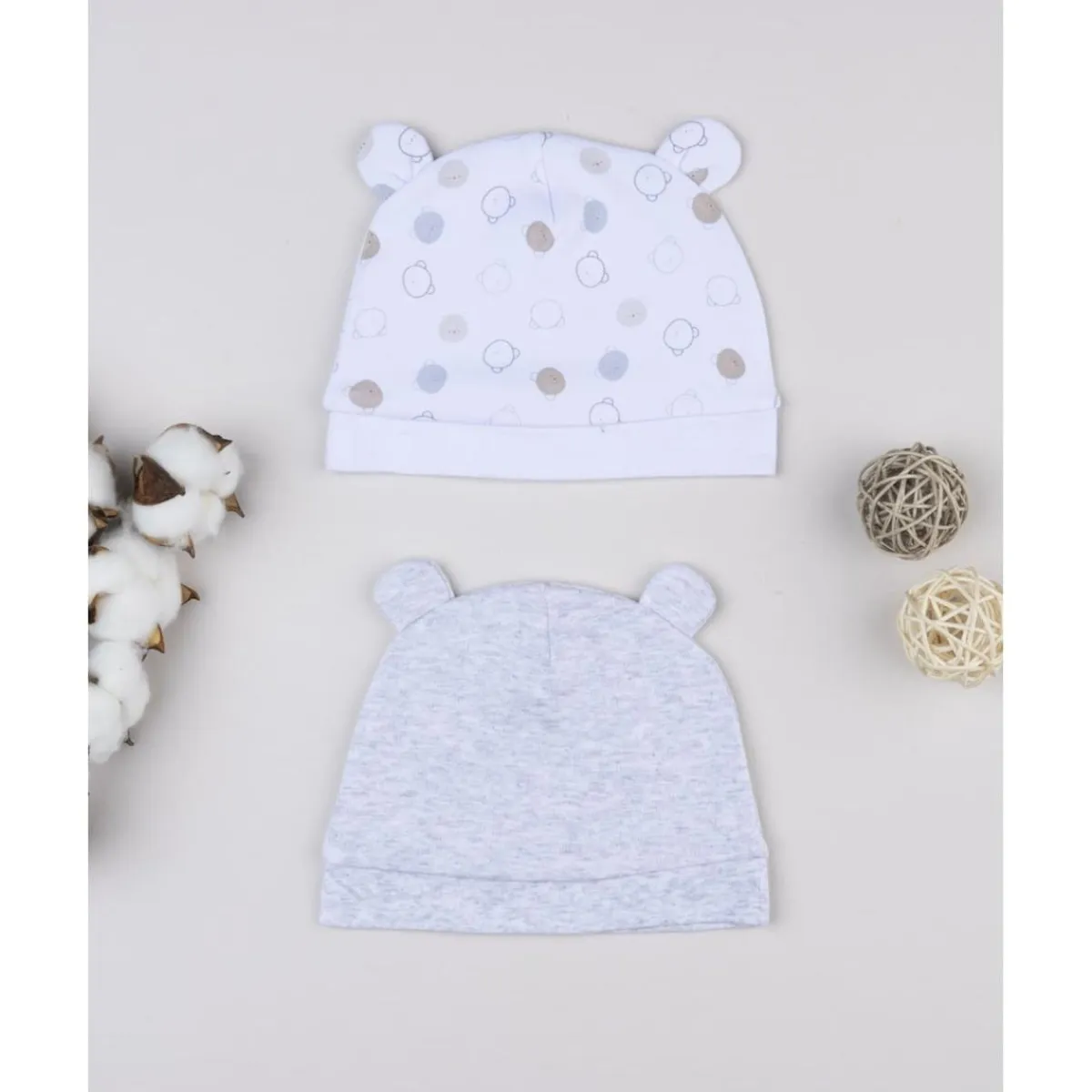 Pack 2 gorros de recién nacido en crema y gris con orejitas*Prenatal