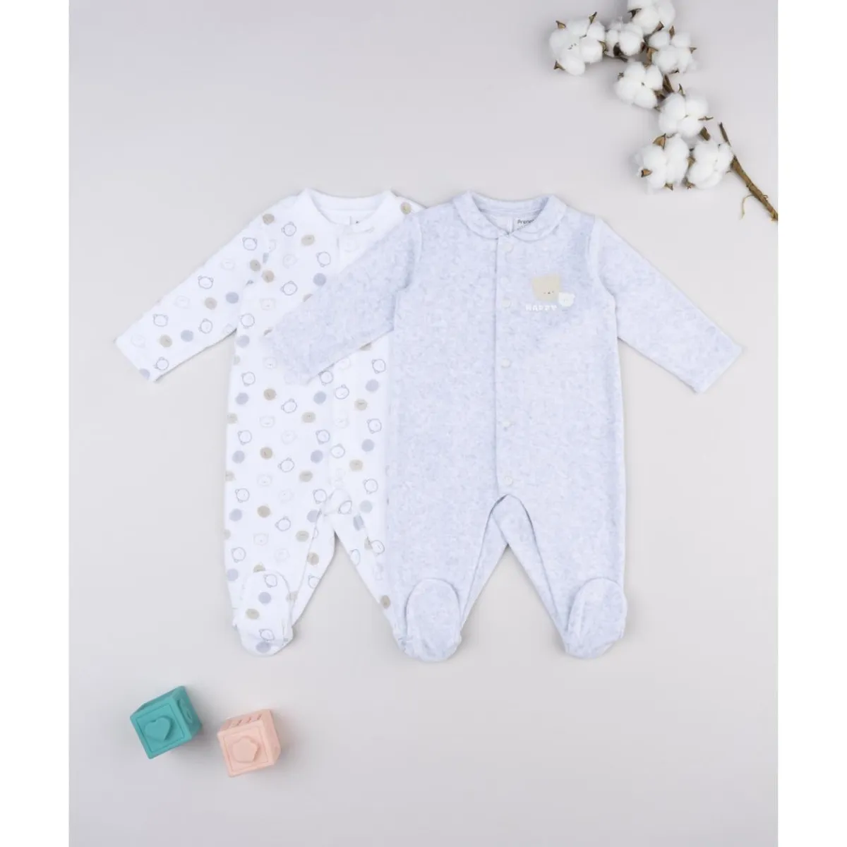 Sale Pack 2 pijamas de bebé en terciopelo blanco y gris con ositos Ropa Y Accesorios·Peleles|Recién Nacido·Ropa Y Accesorios