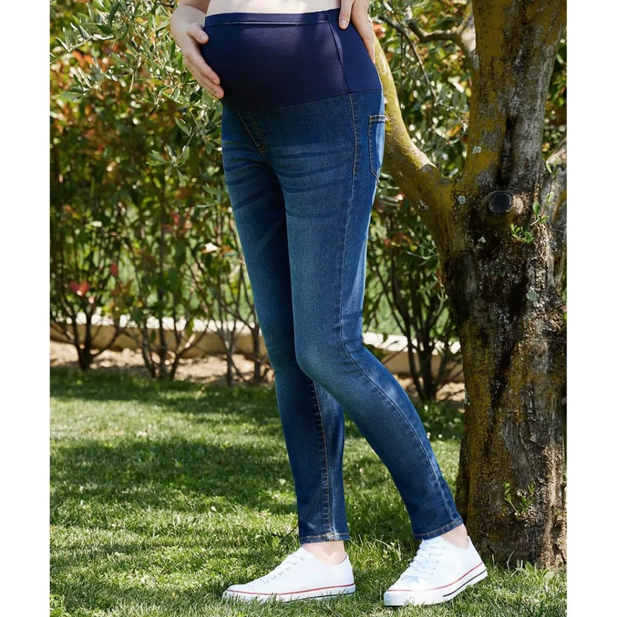 Pantalón premamá en denim elástico con banda alta en la cintura Moda·Pantalones, Faldas Y Leggins|Premamá·Moda