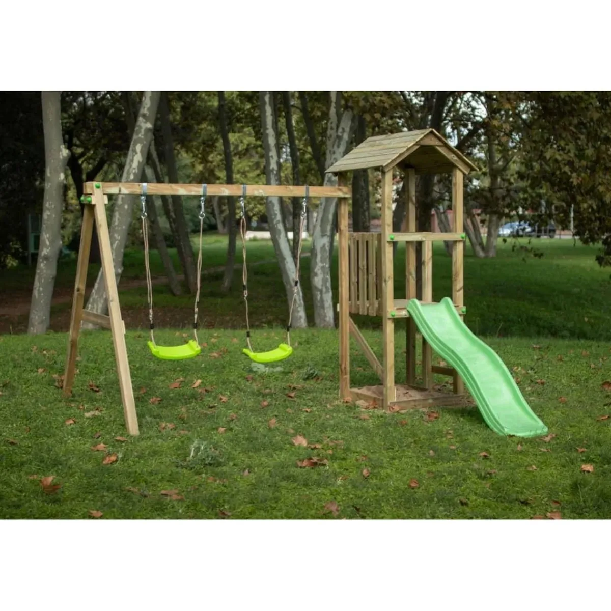 Outlet Parque infantil Carlit de madera columpios y tobogán Columpios