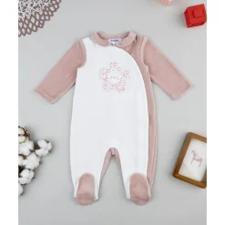 Pijama bicolor de bebé en terciopelo blanco y rosa*Prenatal