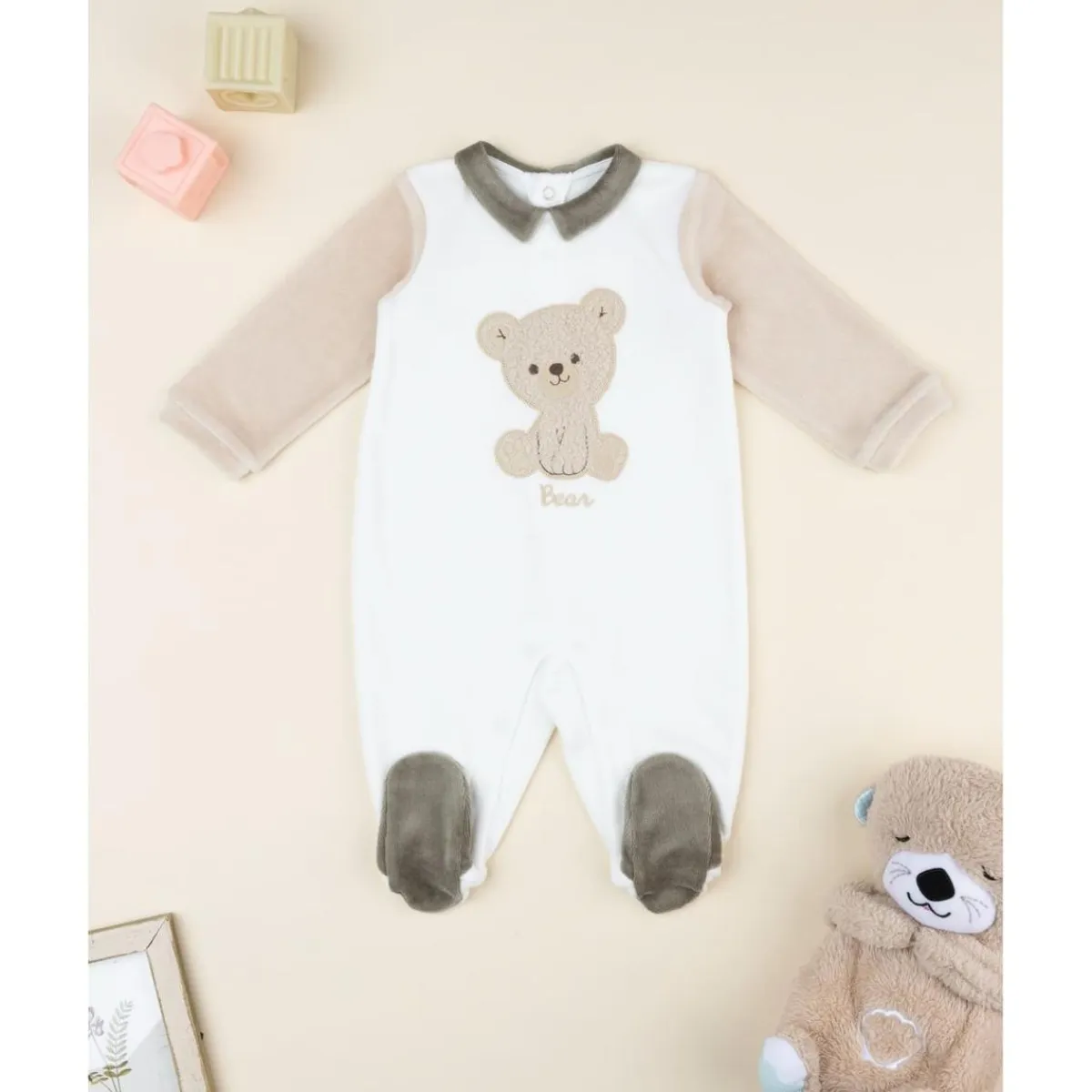 Pijama entero bebé blanco/beige con osito*Prenatal Clearance